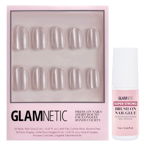 Glamnetic Press On Nails & Brush On Nail Glue Bundle - Pure Intentions | Glossy, Iridescent Short Round Nails, Reusable | 12 Sizes - 30 Nail Kit with Glue