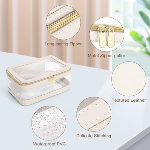 Travel Clear Makeup Bag with Makeup Brush Bag, Leather Make up Case Toiletry Bag, Portable Cosmetic Bag Case, Transparent Waterproof Cosmetic Organizer Storage Bag for Women, Off-White