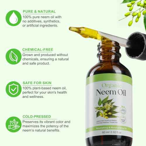 Neem Oil for Skin, Pure Natural Cold Pressing, Free of Hexane, Nourishes the Skin and Hair, Reduces Fine Lines, 2.02 Oz
