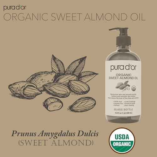 PURA D'OR 16.9 Oz ORGANIC Sweet Almond Oil (GLASS BOTTLE) 100% Pure & Natural USDA Certified Cold Pressed Carrier Oil For DIY Beauty - Non-Greasy, Unscented, Hexane Free Moisturizer - For Hair & Skin