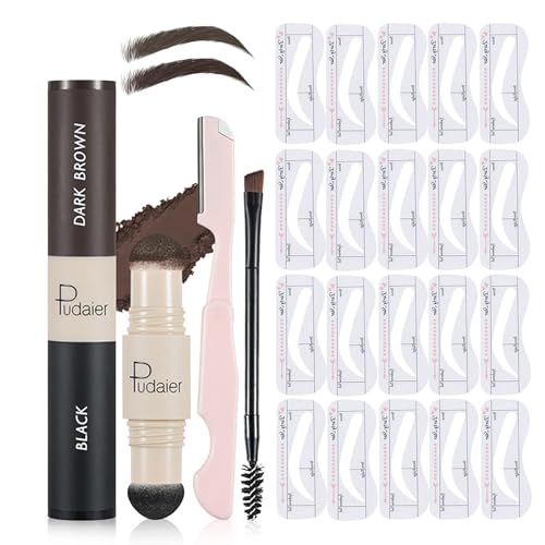 Eyebrow Stamp Stencil Kit with 20 Reusable Stencils & Dual-Color Pomade