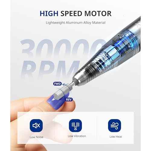 AIRSEE Rechargeable 30000RPM Electric Nail Drill Professional Portable E File Machine for Acrylic Nail Natural Extension Gel Nails Polish Cuticle, Cordless High Speed for Salon Home Use E8 White