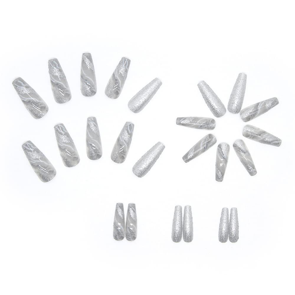 Sparkly Shiny Long Coffin Press On False Nails Medium Length Full Cover Acrylic Fake Nails Ballerina Nails for Women Lady Fashion Nails for Nail Salons and Home DIY Nail Art 24PCS (BKS1631 Gray)