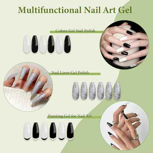 Gel Nail Art Polish Set with Thin Brush ? 4 Colors White Gel Nail Polish Black Silver Glitter Liner for Nail Art Design French Tips Soak Off UV/LED 8ml