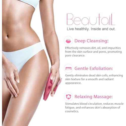 Silicone Body Scrubber 2 Pack, BEAUTAIL Shower Bath Wash Brush, Gentle Exfoliating Scrub Cleansing Loofah for Women Men Baby Sensitive Skin, Easy to Clean, Lather Nicely, More Hygienic, Pink+Blue