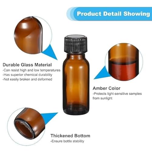 1/2 Oz Boston Round Amber Glass Bottle With Black Phenolic Polycone Liner Caps- 144 PACK; Perfect For Perfumes, Essential Oils, Aromatic Blends, Bath and Body, Reagent Liquids 15ml