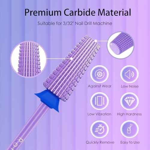 5 in 1 Nail Drill Bit, 3/32'' Professional Carbide Tungsten Drill Bit Nail Tech, Two Way Rotate Cuticle Gel Remover Drill Bit for Manicure Pedicure Acrylic Nail Poshling (Purple, Medium-M)