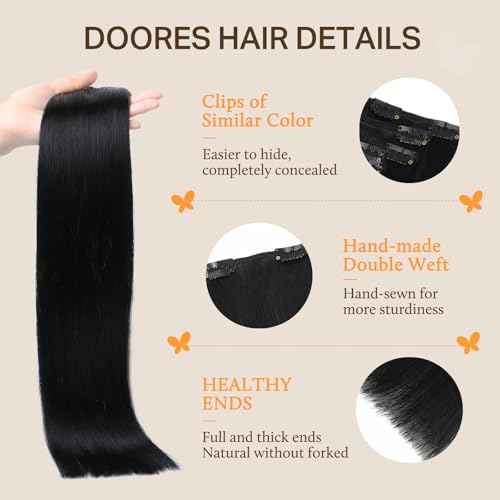 DOORES Clip in Hair Extensions, Jet Black 14 Inch 7pcs 120g, Thick Remy Human Hair Extensions Clip in Real Natural Straight