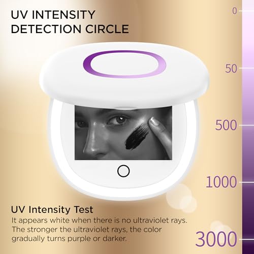 HAMMSOM UV Mirror for Sunscreen Test with UV Camera, Sun Protection Visualization Travel Makeup Mirror with LED Light and 3X Magnification Pocket Mirror