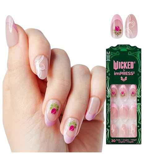 WICKED X imPRESS Press On Nails, New Improved Adhesive, Up To 10 Day Hold, ¡®Tulip Harvest¡¯, Pink, Medium Almond, Includes 30 Fake Nails, 1 Prep Pad, 1 Manicure Stick, 1 Mini File