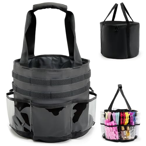 Hairstylist Travel Bag, with Dust Cover, 11L Large Capacity, Heat-Resistant Interior, Clear Pockets, 24 Hook-and-loop Slots, Top Drawstring, Makeup & Pet Grooming Supplies Organizer