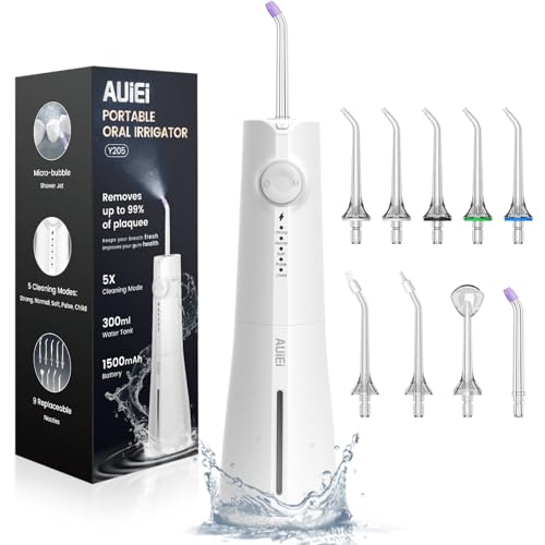 AUIEI Water Flosser Teeth Pick: 9 Jet Tips Cordless Oral Irrigator with 300ML, 5 Modes Portable Power Dental Flossers, IPX7 Waterproof Rechargeable Electric Waterflosser Machine for Home Travel