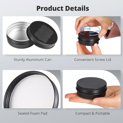 Lnrueg 100PCS Metal Round Tins, 2 oz Black Aluminum Tin Cans Containers with Screw Lid for Lotion Bars, Balms, Salve, Spices or Beard Balm, DIY Candle Making Jar