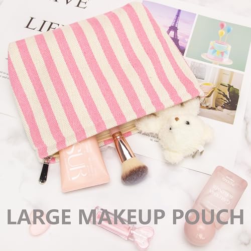 Stripe Pink Flat Makeup Bag for Women, Zipper Cosmetic Pouch for Purse