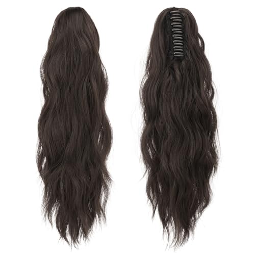 FESHFEN 20" Wavy Ponytail Extension Claw Clip Dark Brown