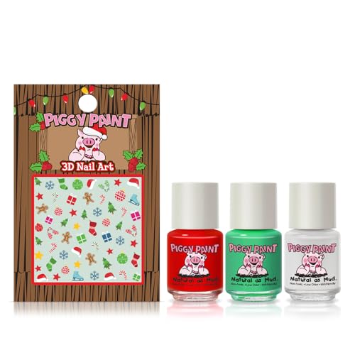 Piggy Paint | 100% Non-Toxic Girls Nail Polish | Safe, Cruelty-free, Vegan, & Low Odor for Kids | Santa's Sweetie (Christmas Holiday 3 Polish + Nail Art Gift Set)