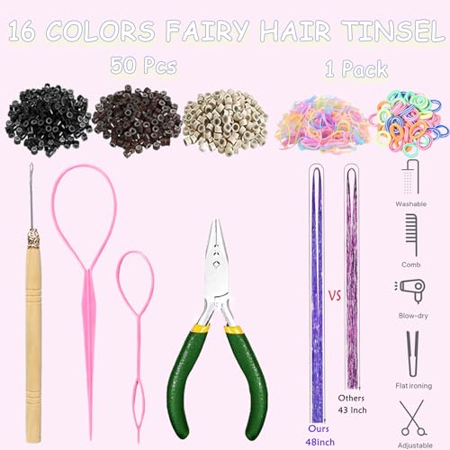 Hair Tinsel Kit 16 Colors 6800 Strands 48 Inch Heat Resistant