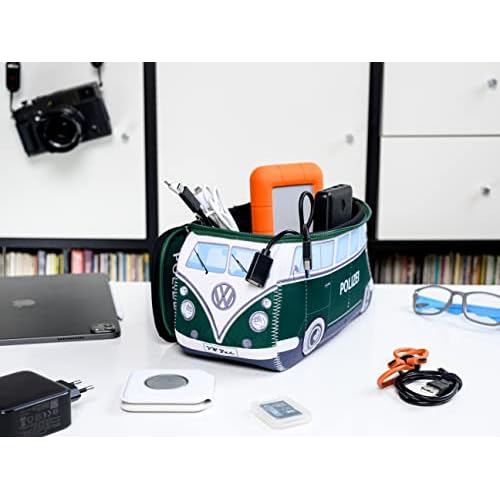 BRISA VW Collection - Volkswagen Neoprene Universal Makeup Cosmetics Toiletry Travel Pharmacy Bag in T1 Bus Design (Police/Green) (Small (9.1 x 4.3 x 3.1 inches))