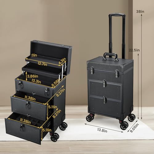 Rolling Makeup Train Case with 2 Drawers & Lockable Trays