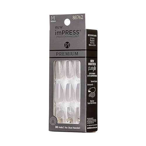 KISS imPRESS Press-On Manicure Premium Collection Fake Nails - Legacy, Gray, V-Cut Stone, Medium & Ballerina/Coffin Shape, Easy To Apply, Super Hold, Chip Proof, Smudge Proof, No Dry Time | 30 Count