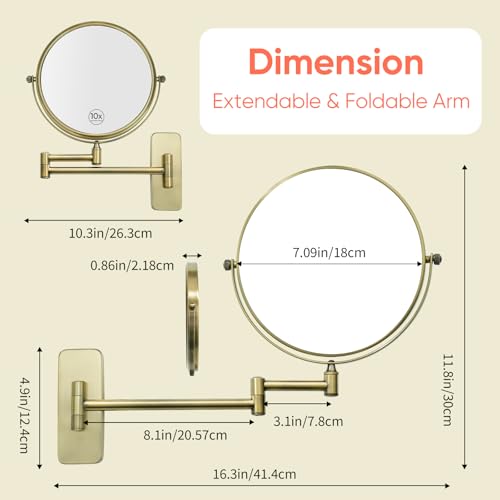 GURUN 8-Inch Double-Sided Wall Mount Makeup Mirrors with 10x Magnification Bathroom Mirror for Hotel Antique Satin Brass Finished M1406K(8in,10X)