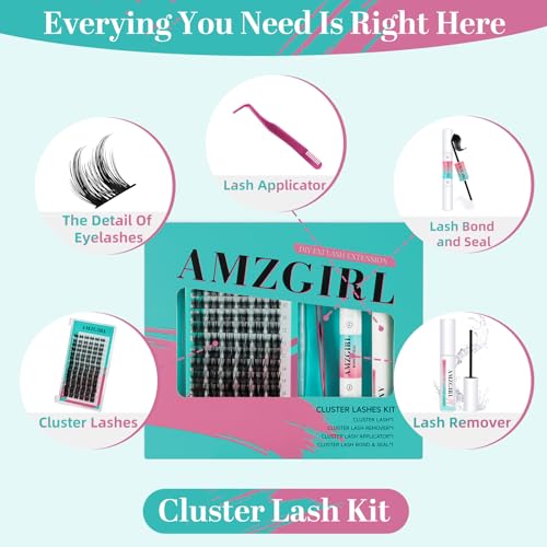 Lash Extension Kit Individual Lash Clusters Kit Bottom Lashes,Fishtail Fan,20D Spike Fan,30D Clusters,Lash Bond and Seal Eyelash Remover and Lash Tweezer DIY at Home by AMZGlRL(D-Mix5-16mm kit)