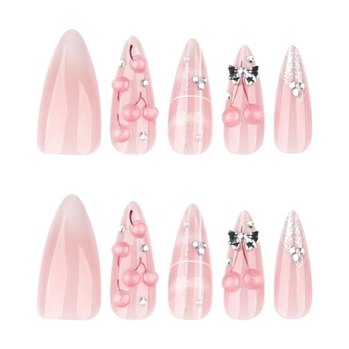 Mivota Almond Press-On Nails Set - Pink Cherry 3D Design, 24pcs