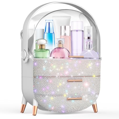 Makeup Organizer For Teen Girl Birthday Gifts, Cosmetic Display Cases with Transparent Cover, Skincare Organizers for Vanity, Perfume Organizer, Lotions Display Case, Lipstick Organizer (Rhinestone)
