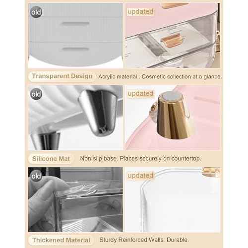 Makeup Organizer with Lipstick Holder, Skincare Organizers Storage Box Cosmetic Display Cases, Teen Girl Gifts Make up Organizers for Vanity, Dresser, Countertop, Bathroom(Pink)