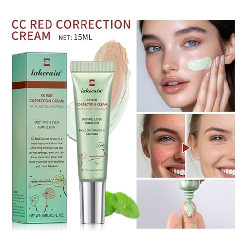CC Red Correction Cream With Centella - Color Correcting Formula for Blemishes, Red Skin, & Acne Marks - Lightweight, Non-Greasy - Hydration Skin and SPF Protection (Green)