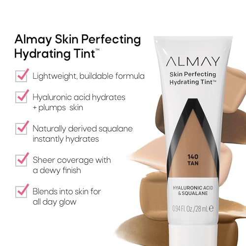 Almay Hydrating Liquid Foundation Tint, Lightweight with Light Coverage, Naturally Dewy Finish, Hypoallergenic, Dermatologist TestedFragrance Free, 130 Sand, 0.94 fl oz.