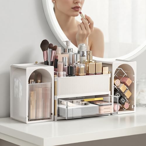 Makeup Organizer for Vanity with Brush Holder, Large Bathroom Countertop Cosmetic Organizer Skin Care Storage, Easy to Store Lipsticks, Nail Polishes, Perfumes (White+Transparent)