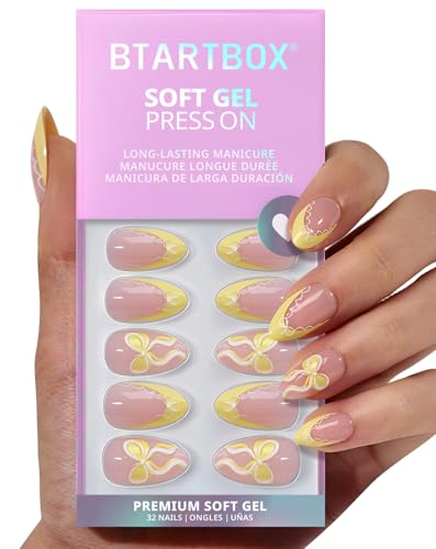BTArtbox Short Almond French Tip Press On Nails - Sunny Side 32 Pcs Full Kit