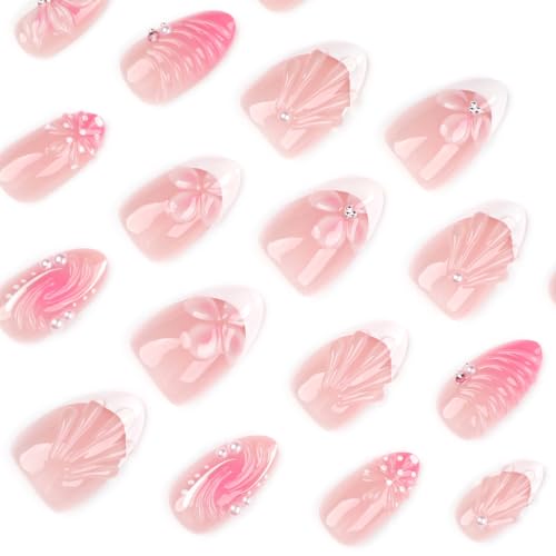 Medium Almond Press On Nails Pink 3D Flower Pearl