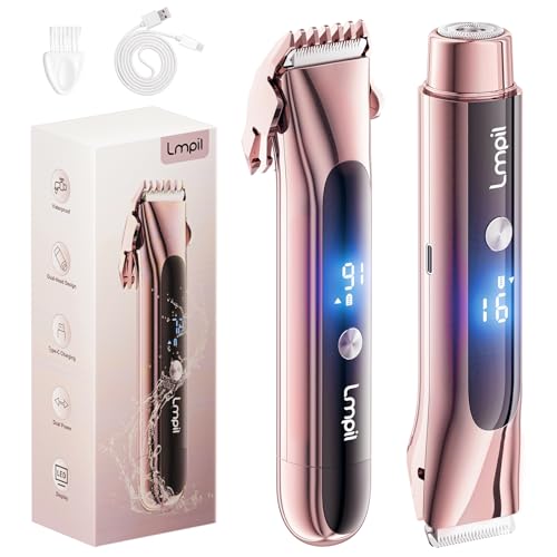 Bikini Trimmer for Women, 2-in-1 Electric Razor with Dual Heads, Ceramic Blade, Waterproof & Rechargeable, Painless Pubic Hair Shaver for Bikini, Underarm, Legs, Face | Gifts for Her - Rosegold
