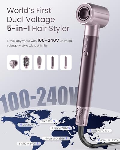 MESCOMB 5-in-1 Dual Voltage Hair Dryer Brush with Auto-Wrap Curlers