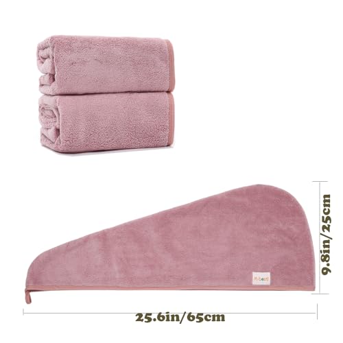 Microfiber Hair Towel Wrap 2 Pack with Button, Bean Pink