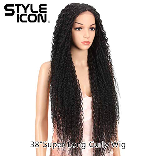 Style Icon 38¡± Long Curly Wig Lace Front Wigs Synthetic Wigs with Baby Hair Half Hand Tied 130% Density Hair Replacement Wigs (38", 1B)