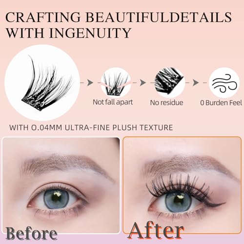 Self Adhesive Eyelashes Natural Lash Clusters kit Pre Glued Eyelash Clusters Wispy C-curly No Glue Needed 120 pcs Reusable Cluster Eyelash Extensions 14-16mm With Tweezers - NATURAL CHARM
