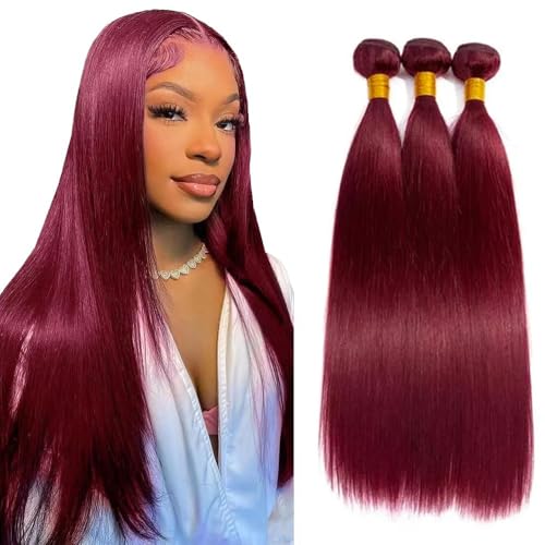 99J Burgundy Straight Human Hair Bundles - 3 Pack, 150g