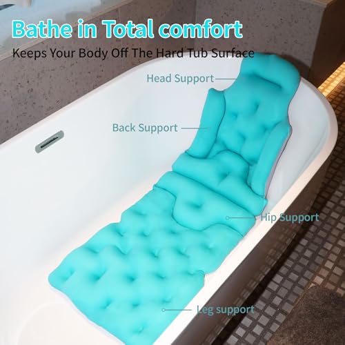 Full Body Bath Pillow, 51"x16" Thick Bathtub Cushion with Laundry Bag, Neck & Back Support Pillow for Bathtub, Ocean Blue