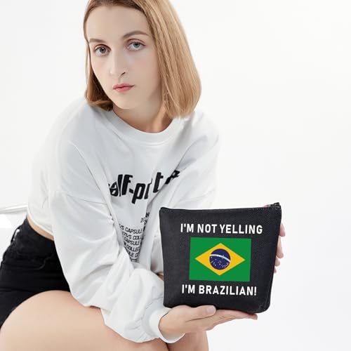 LEVLO Funny Brazil Pride Souvenir I'm Not Yelling I'm Brazilian Makeup Bags Gift for Friend or Coworker (I'm Brazilian+black)