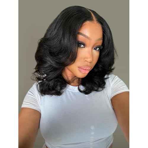 Wiggins Hair Body Wave Bob Wig Human Hair 4x7 Lace Front Wigs Human Hair Pre Cut Lace Ready to Wear Glueless Wig Human Hair Body Bob Wig For Women Pre-Bleached Knots & Adjustable Straps 14 Inch