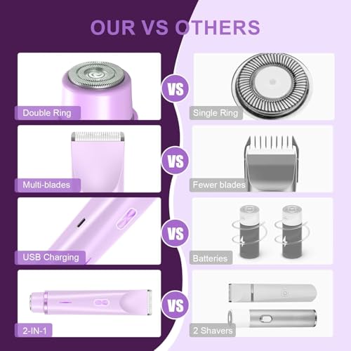 Bikini Trimmer for Women Dual Head,Painless Electric Razors,Bikini Shaver for Pubic Hair, Face, Legs(Grape Purple)