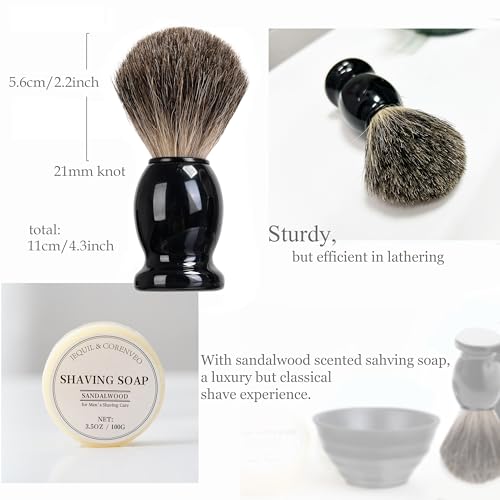 JEQUIL&CORENVEO Shaving Brush Set for Men, Pure Badger Hair Shaving Brush with Soap, Stand and Bowl