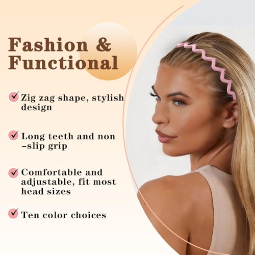 Zig Zag Headbands for Women, 10-Pack Plastic Hair Clips