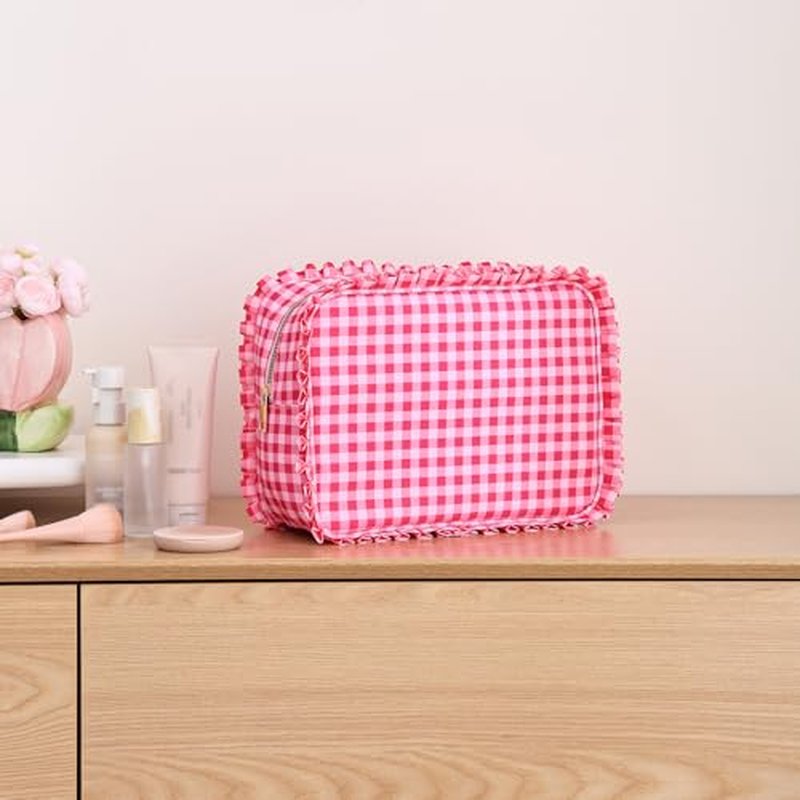 Large Gingham Ruffle Makeup Bag for Women - Travel Cosmetic Organizer