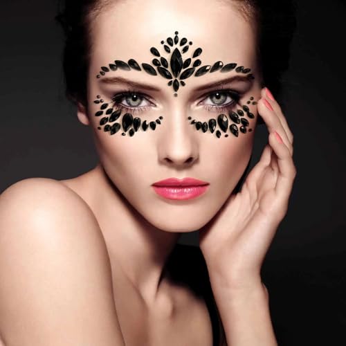 6 Sheets Black Face Gems, Self-Adhesive Rhinestone Face Jewels for Festivals, Halloween, and Costume Parties, Large