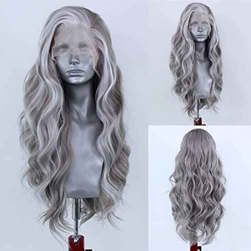 RONGDUOYI 24Inch Grey Mixed White Natural Wave Wig for Women Highlight Lace Front Wig with Natural Hairline Free Part Synthetic Daily Wear Wig