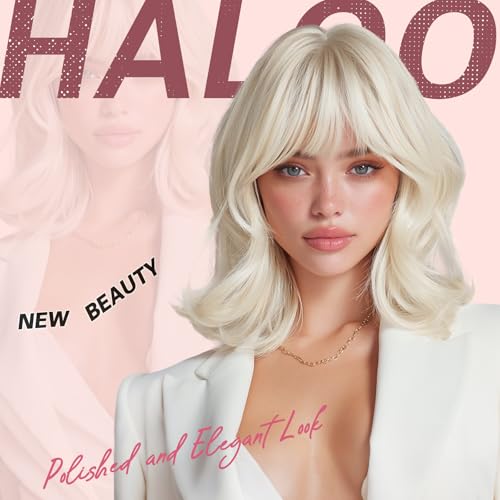 Haloo 14-Inch Blonde Bob Wig with Bangs - Wavy Medium Synthetic Hair